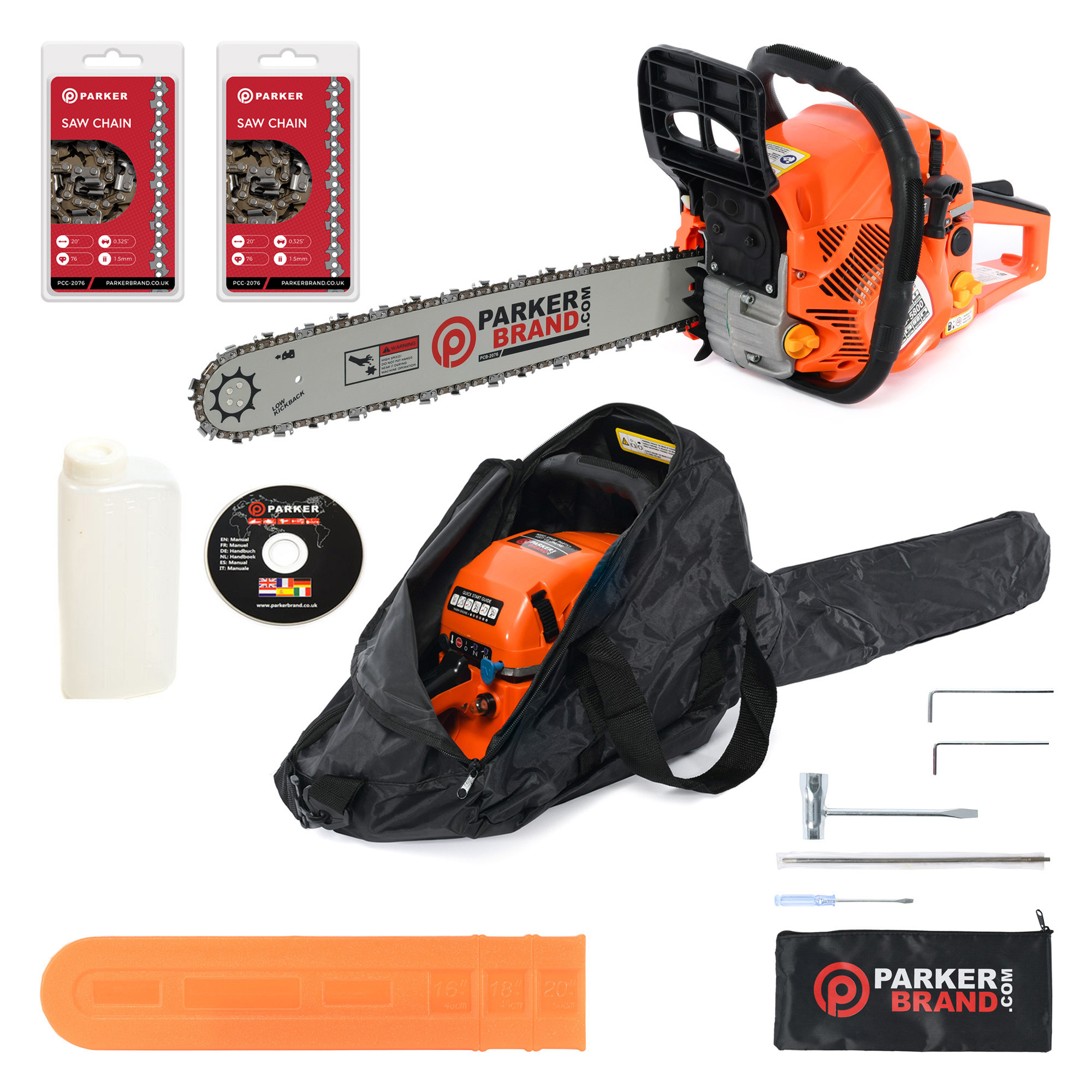 58cc 20" Petrol Chainsaw + 2 x Chains + More ParkerBrand
