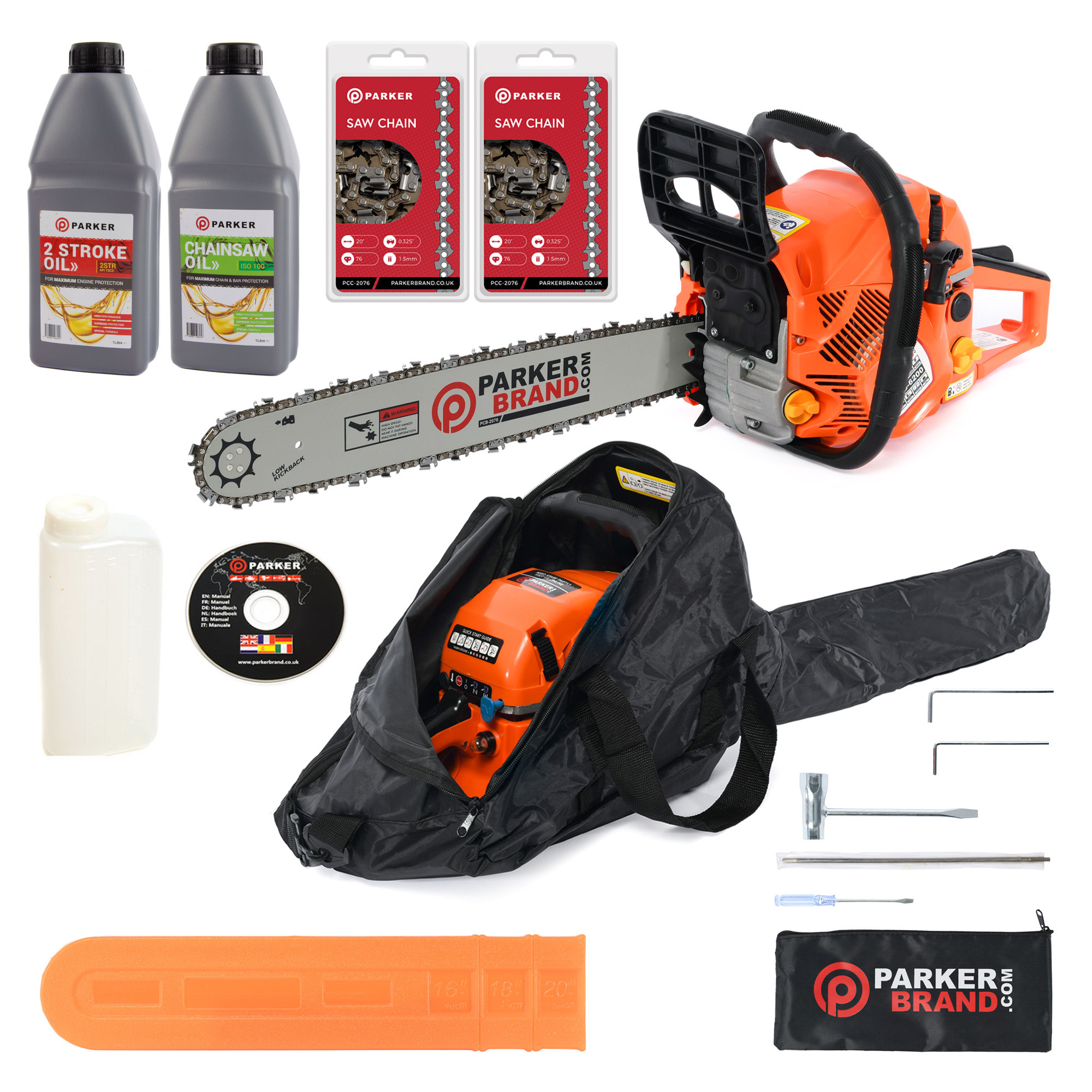 62cc 20" Petrol Chainsaw + 2 x Chains + Oil + More ParkerBrand