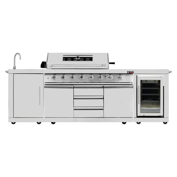 6 Burner Outdoor Kitchen BBQ Set with Built-In Fridge, Sink, Side Burner, Back Burner & Rotisserie – Stainless Steel 3 Piece Garden Kitchen