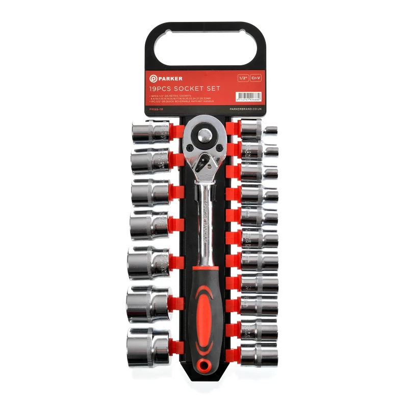 ParkerBrand 19pc 1/2" Socket Set CRV – Heavy Duty Ratchet & Metric Sockets Kit