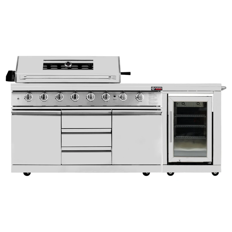 6 Burner Outdoor Kitchen BBQ Set with Built-In Fridge, Side Burner, Back Burner & Rotisserie – Stainless Steel Garden Kitchen