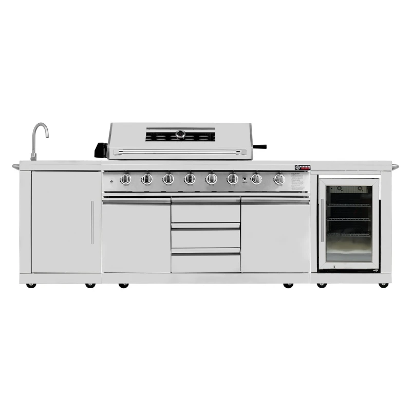6 Burner Outdoor Kitchen BBQ Set with Built-In Fridge, Sink, Side Burner, Back Burner & Rotisserie – Stainless Steel 3 Piece Garden Kitchen