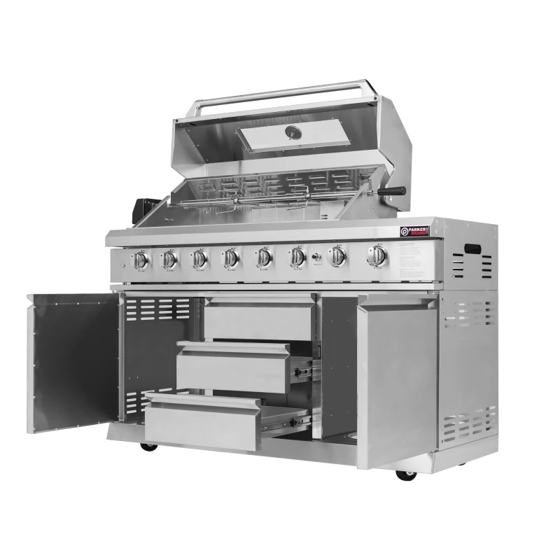 ParkerBrand outdoor kitchen BBQ rear burner and rotisserie system