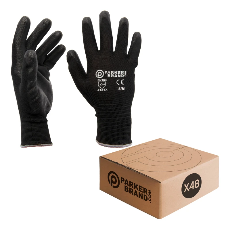 48 x Black Nylon / Nitrile Coated Safety Work Gloves - Medium