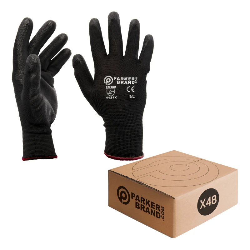 48 x Black Nylon / Nitrile Coated Safety Work Gloves - Large