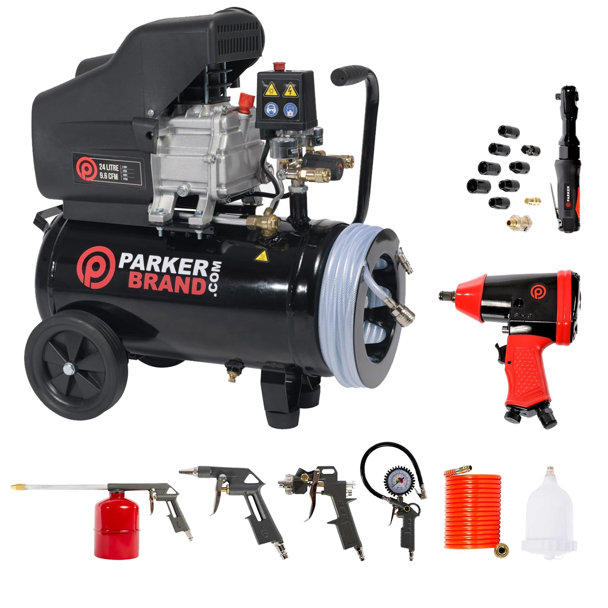 24L Air Compressor Bundle – Built-In Hose Reel Impact Ratchet