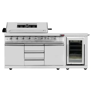 6 Burner Outdoor Kitchen BBQ Set with Built-In Fridge, Side Burner, Back Burner & Rotisserie – Stainless Steel Garden Kitchen