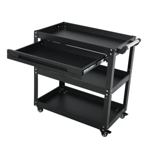 3-Tier Workshop Tool Trolley Cart with Drawer, Steel Garage Storage Cart, Black