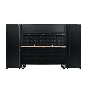 72” Powder Coated Black Roller Tool Cabinet with 15 Drawers, 3 Upper Cabinets & Pegboard + 2 x 24” Tall Storage Cabinets