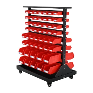 Mobile Double-Sided Storage Bin Rack - 104 Red Plastic Bins