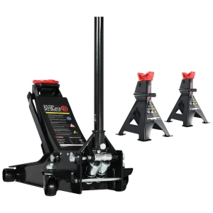 2.5 Ton Low Profile Pneumatic Garage Jack & 3 Ton Axle Stands Car Safety Bundle