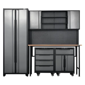 ParkerBrand 6pc Garage Storage System - Work Bench, Wheeled Cabinets, Wall Shelving & Side Cabinet
