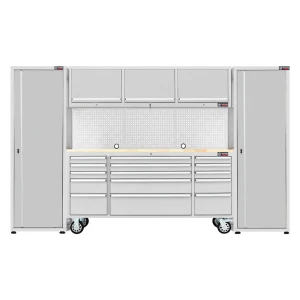 72” Stainless Steel Roller Tool Cabinet with 15 Drawers, 3 Upper Cabinets & Pegboard + 2 x 24” Tall Storage Cabinets