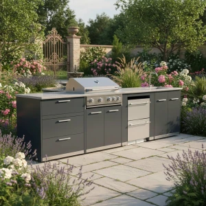 Outdoor BBQ Kitchen – 4-Burner Built-In Gas Grill, Sink, Storage Cabinets & Chiller