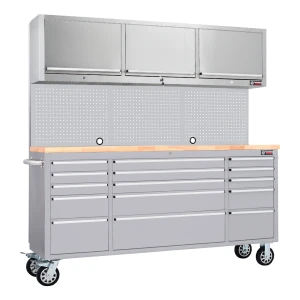 72-Inch Stainless Steel Roller Tool Cabinet with 15 Drawers, 3 Upper Cabinets & Wooden Worktop