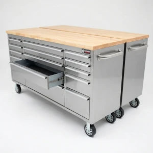 ParkerBrand Twin 72” Stainless Steel Tool Chest Set – 30 Drawer Heavy-Duty Roller Cabinets with Wooden Worktops