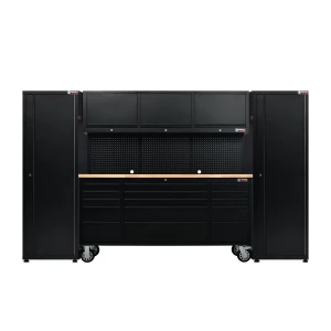 72” Powder Coated Black Roller Tool Cabinet with 15 Drawers, 3 Upper Cabinets & Pegboard + 2 x 24” Tall Storage Cabinets