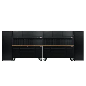 72” Powder Coated Black Roller Tool Cabinet System with 15 Drawers, 3 Upper Cabinets, 2 Pegboards & 2 x 24” Tall Storage Cabinets