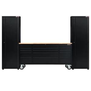 72” Powder Coated Black Roller Tool Cabinet System with 15 Drawers & 2 x 24” Tall Storage Cabinets