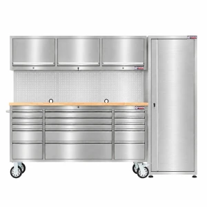 72-Inch Stainless Steel Roller Tool Cabinet with 26-Inch Mobile Cabinet, Pegboard & Upper Storage