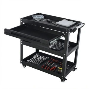 3-Tier Workshop Tool Trolley Cart with Drawer, Steel Garage Storage Cart, Black