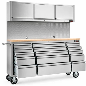 72-Inch Stainless Steel Roller Tool Cabinet with 15 Drawers, 3 Upper Cabinets & Wooden Worktop