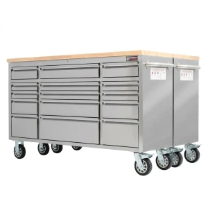 ParkerBrand Twin 72” Stainless Steel Tool Chest Set – 30 Drawer Heavy-Duty Roller Cabinets with Wooden Worktops