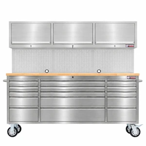72-Inch Stainless Steel Roller Tool Cabinet with 15 Drawers, 3 Upper Cabinets & Wooden Worktop